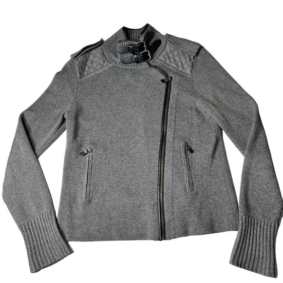ANN TAYLOR Full Zip Buckle Collar Grey Wool Knit Moto Sweater Size S - Picture 10 of 16